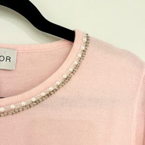 Sag Harbor Elegant Baby Pink Sweater with Pearl Beaded Neckline
